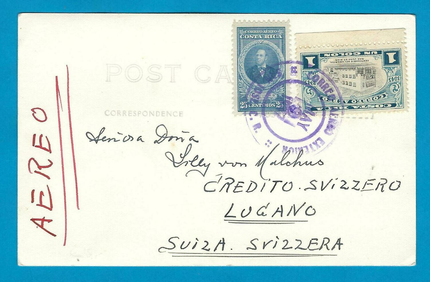 COSTA RICA PPC 1947 San José to Switzerland