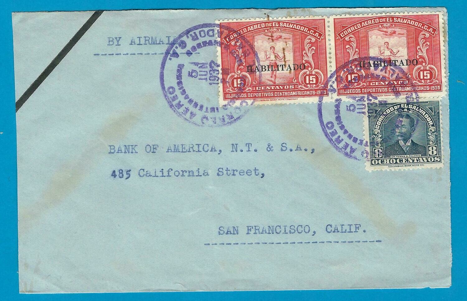 EL SALVADOR airmail cover 1937 San Salvador to USA