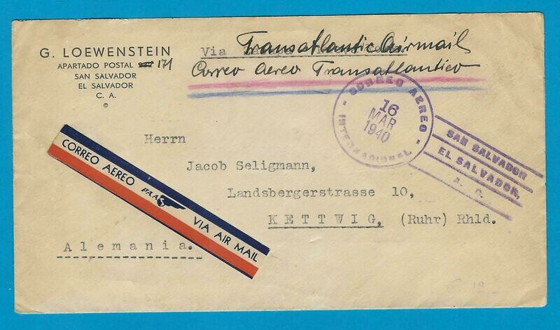 EL SALVADOR censor air cover 1940 San Salvador to Germany