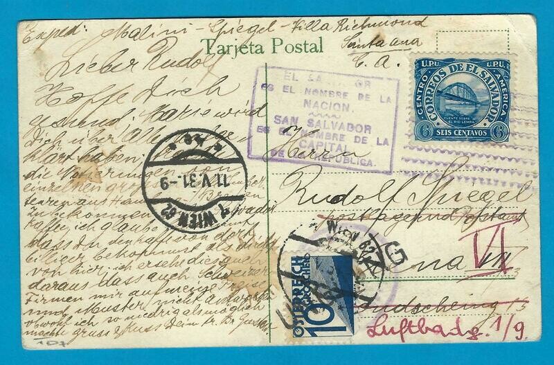 EL SALVADOR PPC 1931 San Salvador to Austria with due