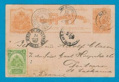HAITI postal card 1902 Cap Haitien over USA to Brazil