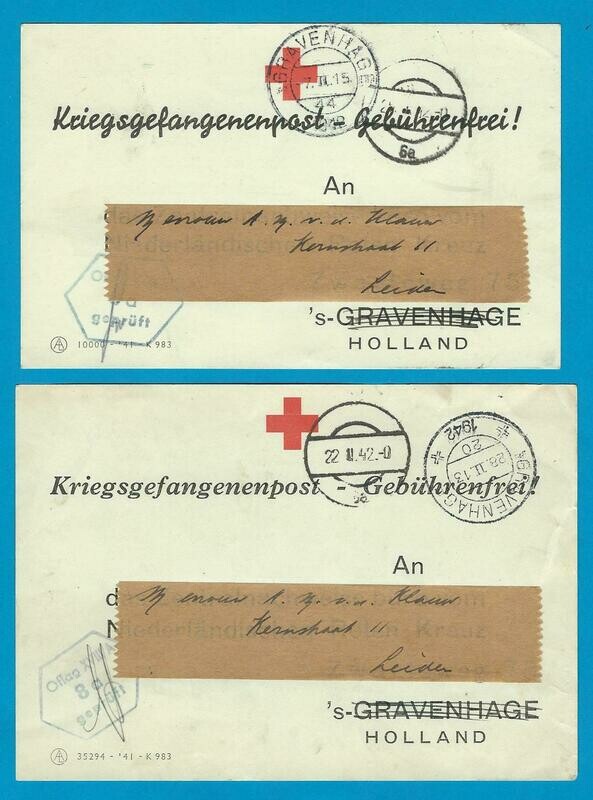 NEDERLAND 2 rode kruis fomulieren 1942 ontvangst pakket
