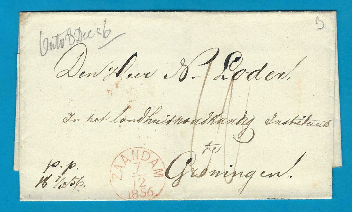 NEDERLAND omslag 1856 Zaandijk (langstempel)