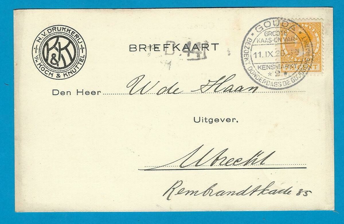 NEDERLAND briefkaart 1926 Gouda Kaas en Varkensmarkt