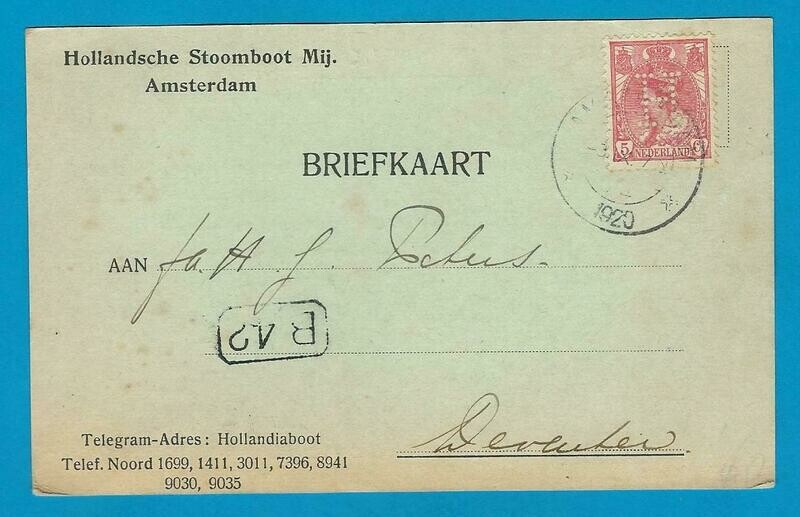 NEDERLAND briefkaart HSM 1920 Amsterdam perfin "H"