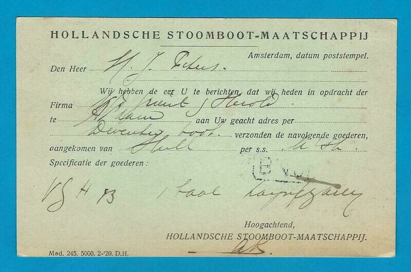 NEDERLAND briefkaart HSM 1920 Amsterdam perfin "H"