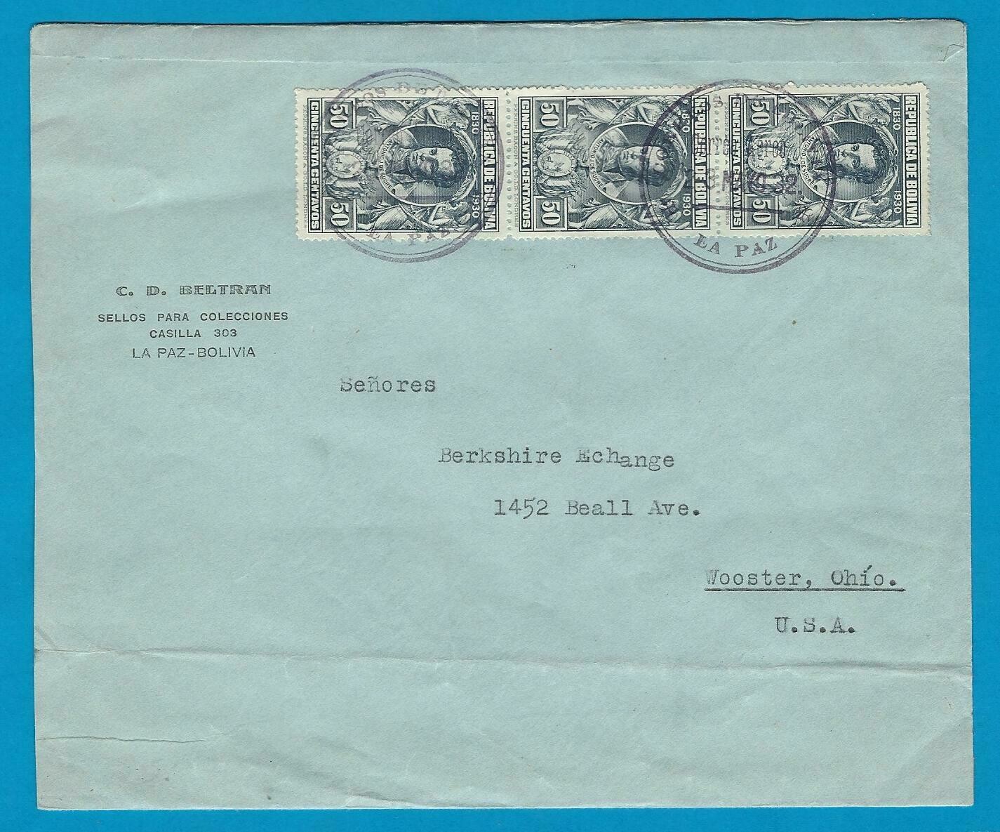 BOLIVIA cover 1932 La Paz to USA with Canal Zone transit