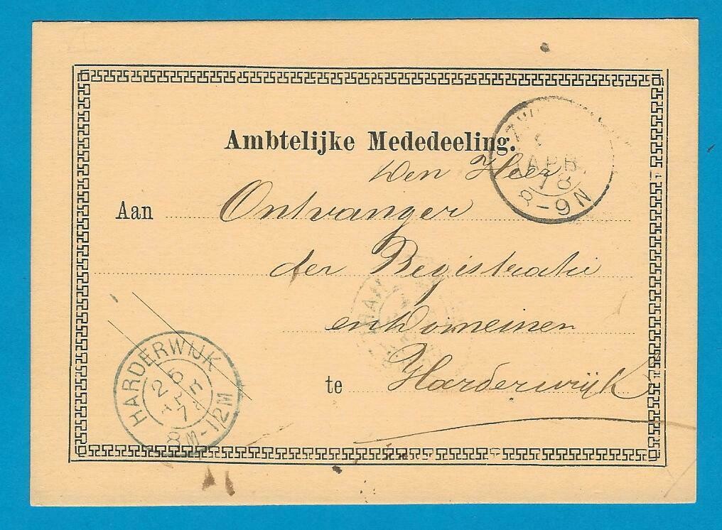 NEDERLAND ambtelijke briefkaart 1878 Zwolle naar Harderwijk