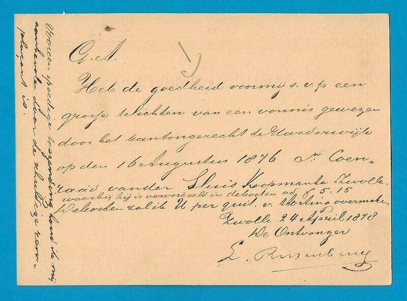 NEDERLAND ambtelijke briefkaart 1878 Zwolle naar Harderwijk