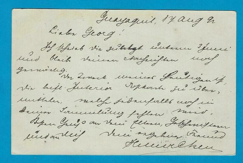 ECUADOR postal card 1892 Guayaquil to Germany