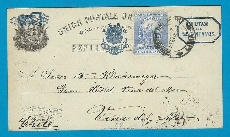 PERU uprated postal card 1897 Lima to Chile