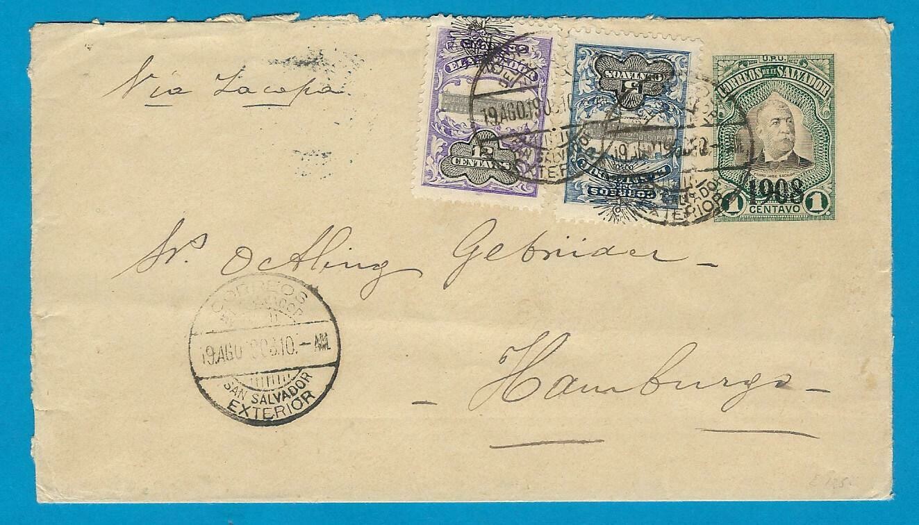 EL SALVADOR uprated postal envelope 1908 San Salvador to Germany