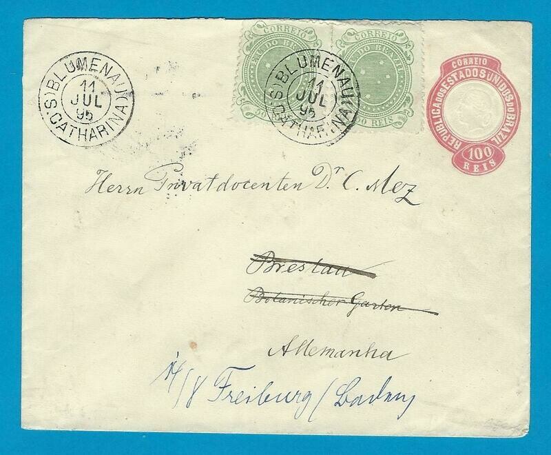 BRAZIL uprated envelope 1895 Blumenau to Germany