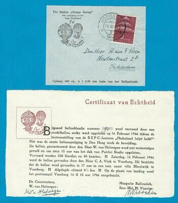 NEDERLAND Ballon kaart 1946 Voorburg met certificaat