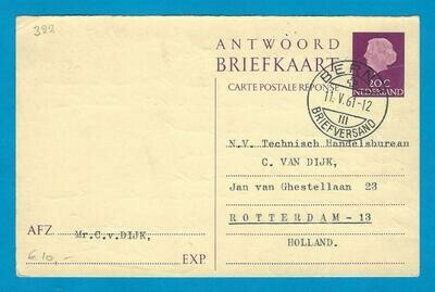 NEDERLAND antwoord briefkaart 1961 Bern Zwitserland