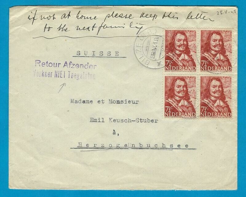 NEDERLAND brief 25-V-1945 Gilze &quot;Retour Afzender...&quot;