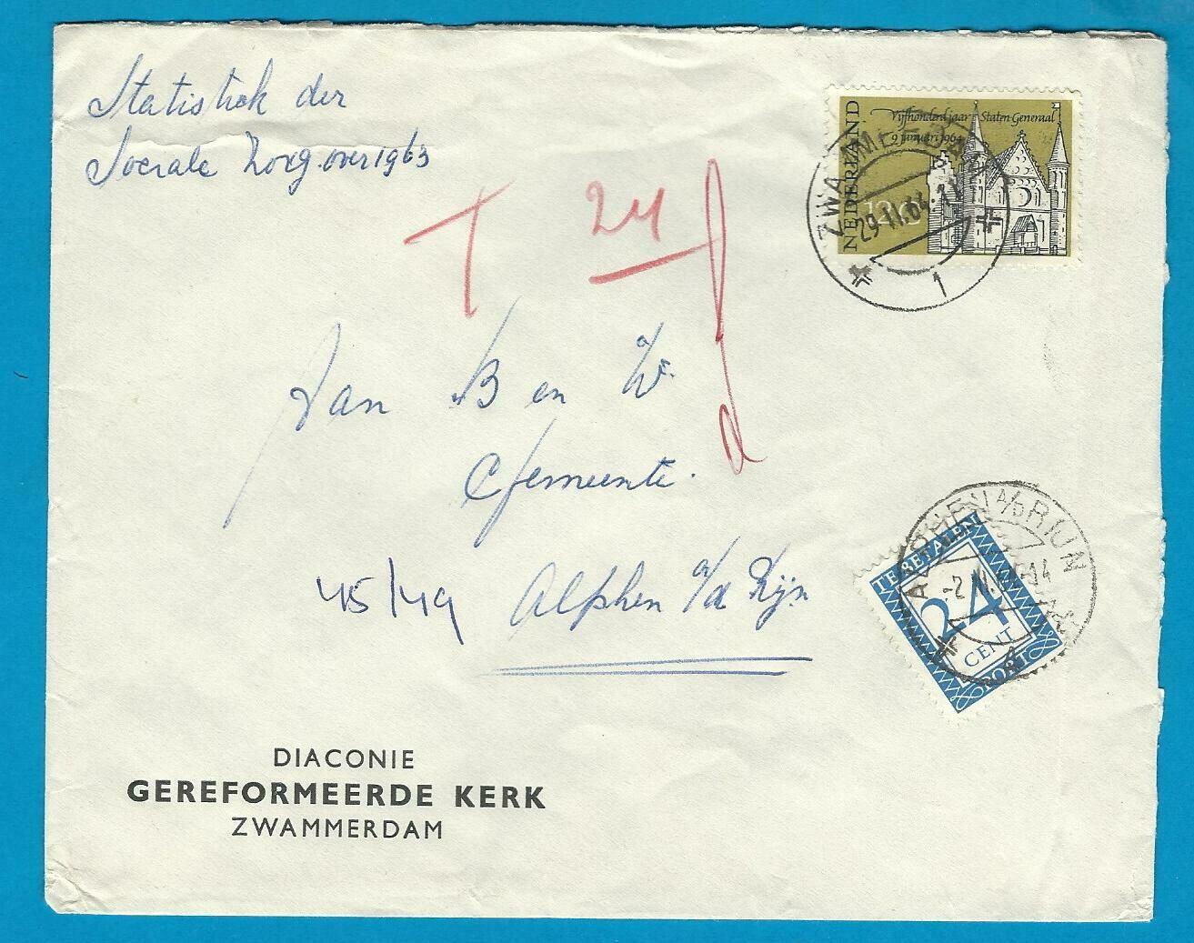 NEDERLAND brief 1964 Zwammerdam met port belast