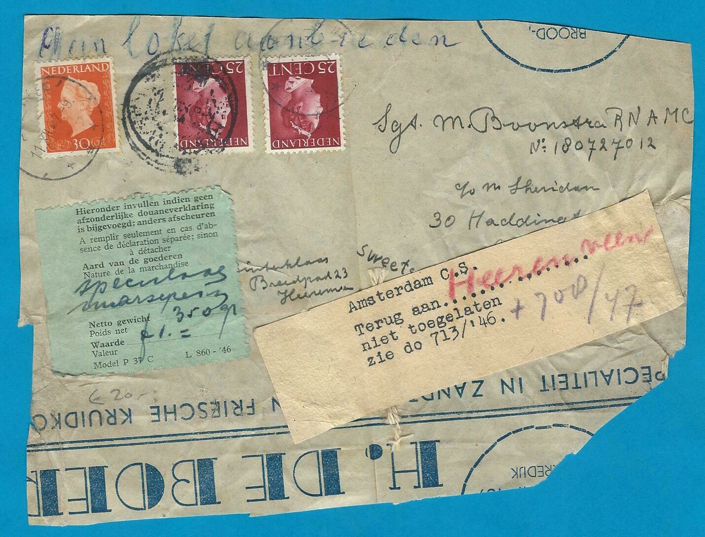 NEDERLAND pakketdeel 1947 Heerenveen -Niet toegelaten