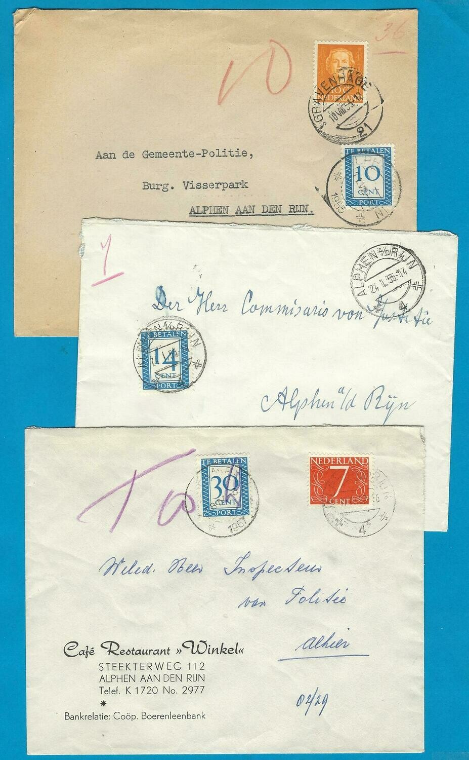 NEDERLAND 3 brieven jaren 50 met port belast