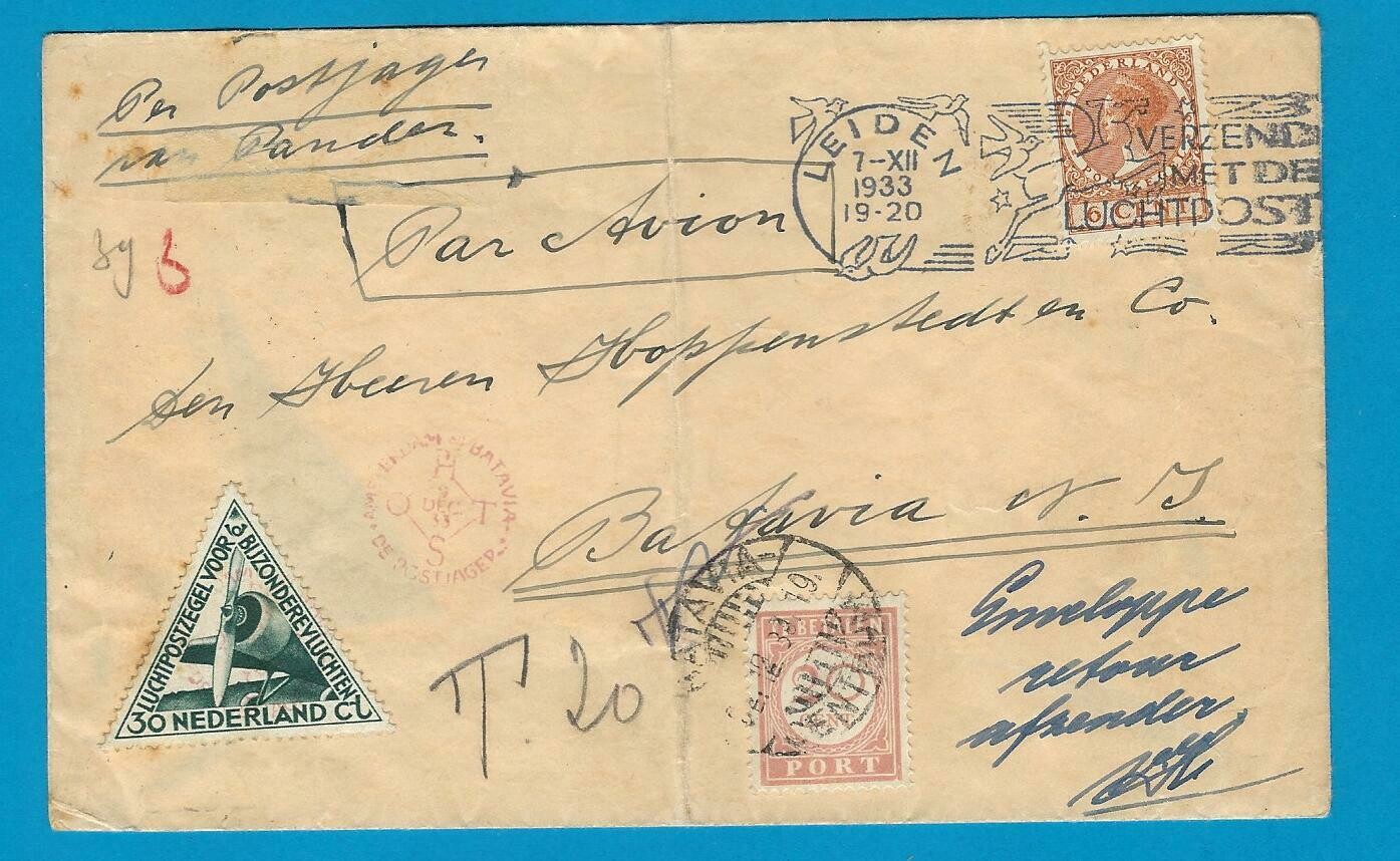 NEDERLAND luchtpost brief 1933 Postjager met port belast