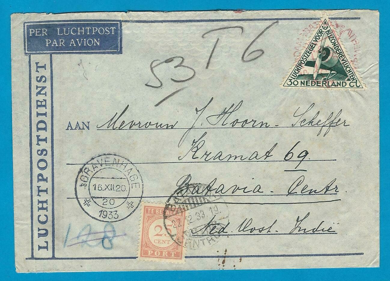 NEDERLAND brief 1933 Zilvermeeuw met port belast