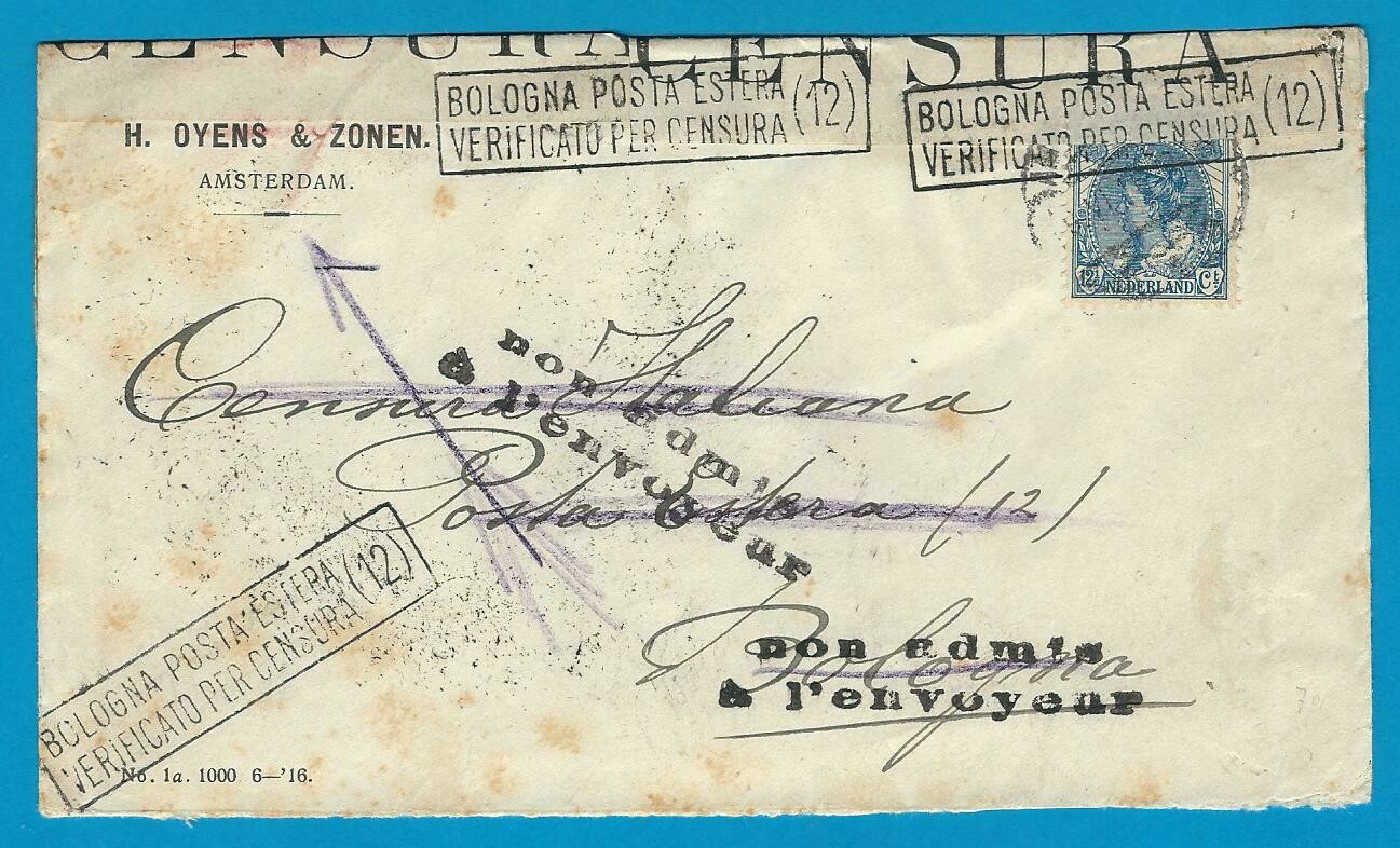 NEDERLAND censuur brief 1916 Amsterdam naar Italië -niet toegelaten