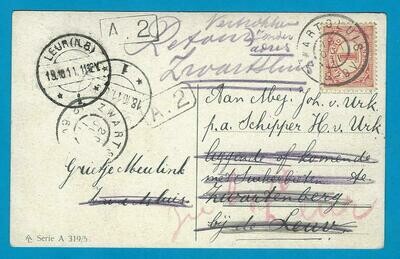 NEDERLAND prentbriefkaart 1911 Zwartsluis naar Leur en retour