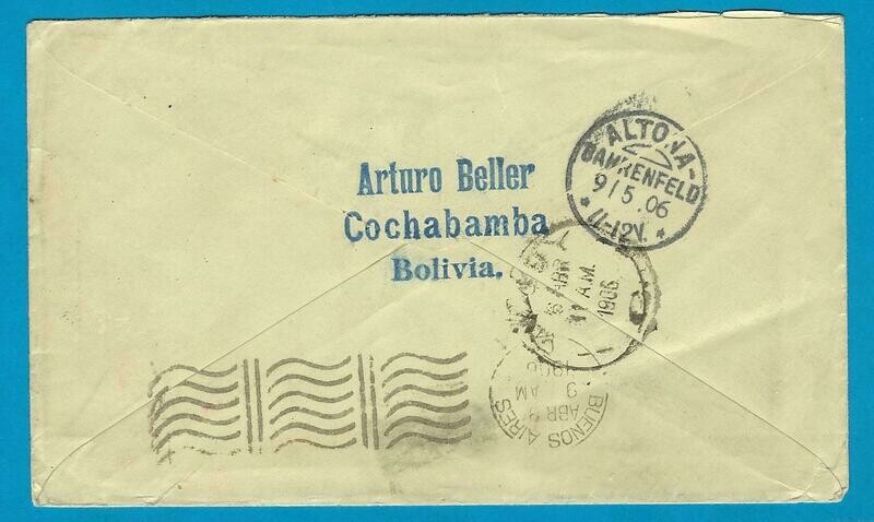 BOLIVIA postal envelope 1906 Cochabamba to Germany