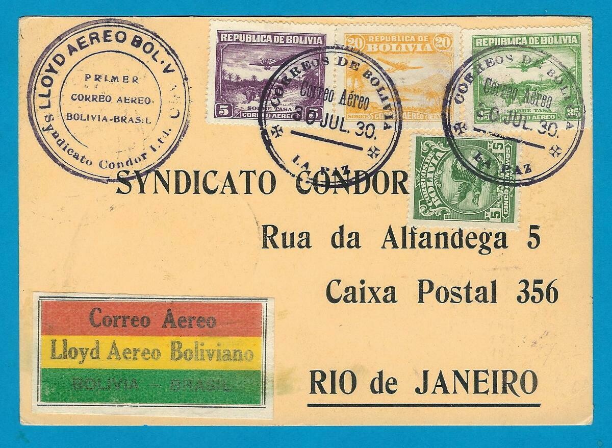 BOLIVIA air card 1930 La Paz to Brazil Lloyd Aereo