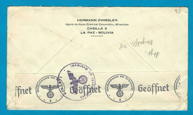 BOLIVIA censor air cover 1940 La Paz to Germany by Air France