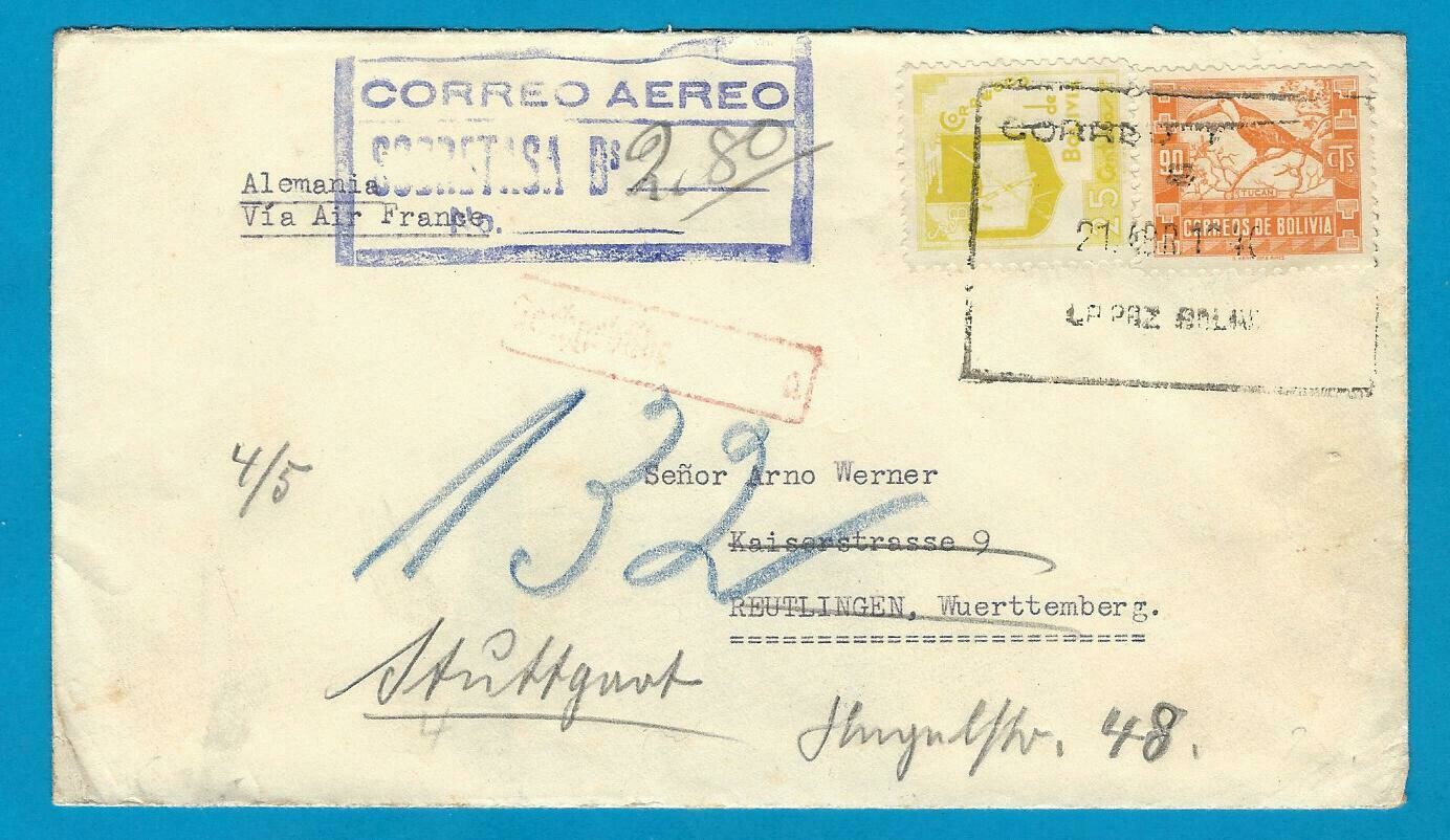 BOLIVIA censor air cover 1940 La Paz to Germany by Air France