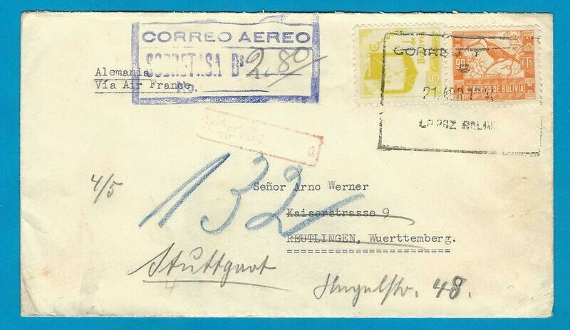 BOLIVIA censor air cover 1940 La Paz to Germany by Air France