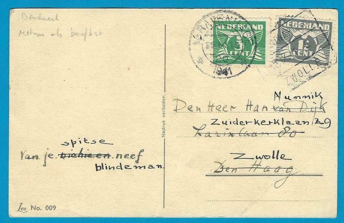 NEDERLAND prentbriefkaart 1941 Zwolle - Den Haag en retour