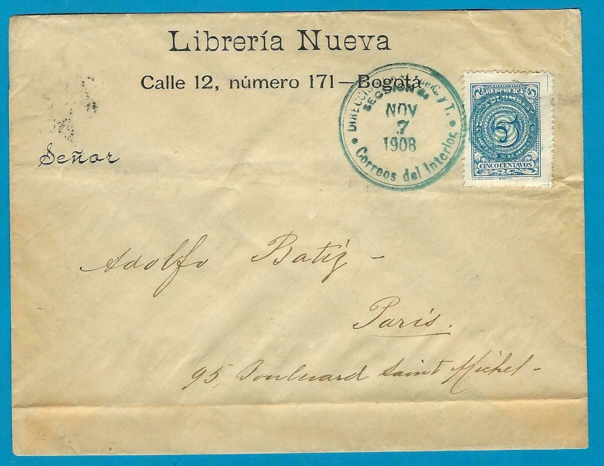 COLOMBIA cover 1908 Bogota to France
