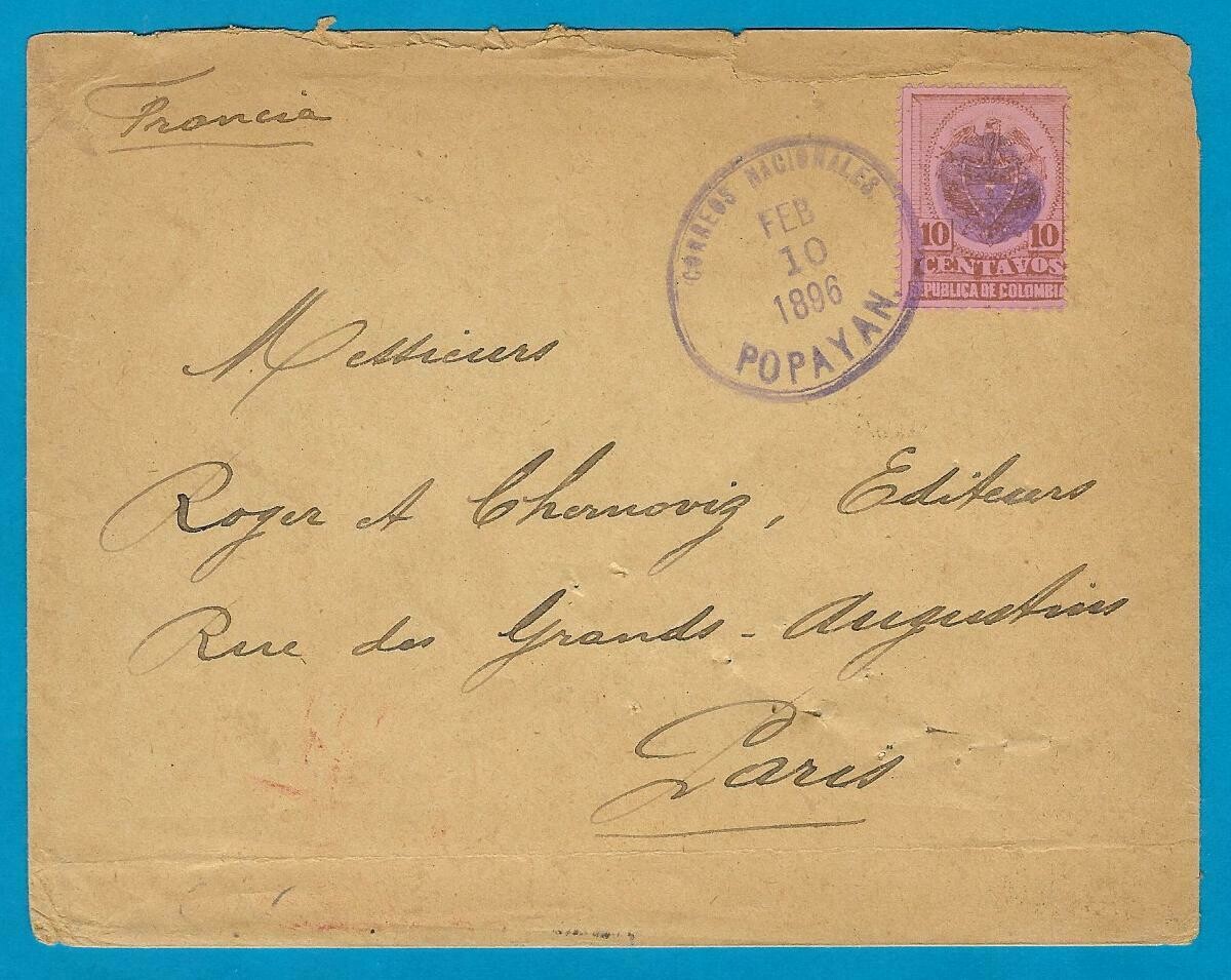 COLOMBIA cover 1896 Popayan to France -Panama transit