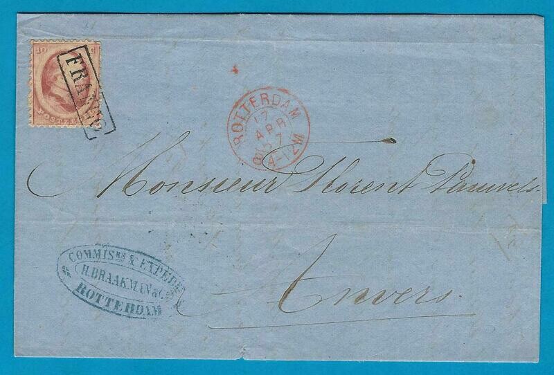 NEDERLAND omslag 1867 Rotterdam naar Antwerpen