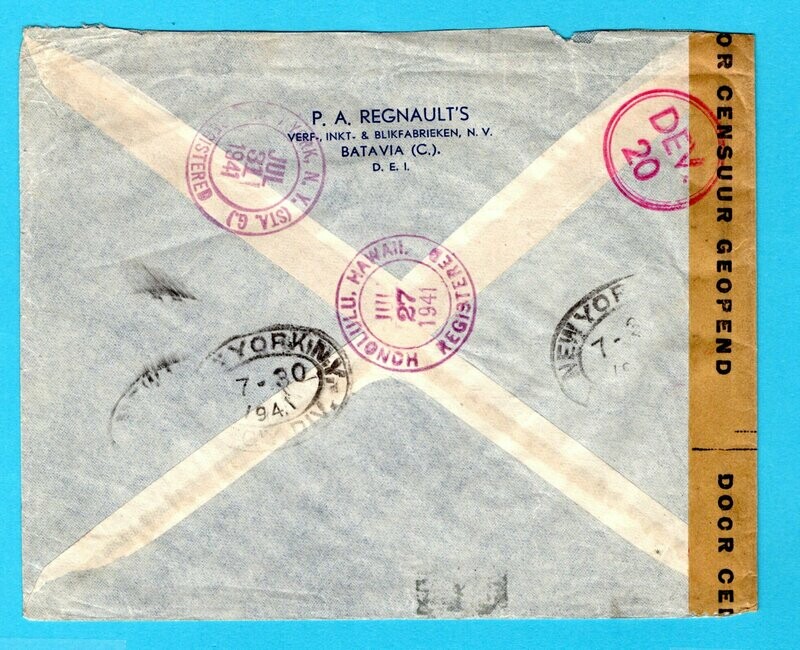 NETHERLANDS EAST INDIES censor R cover 1941 Batavia to USA