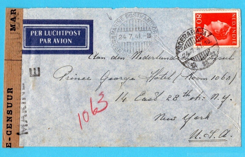 NETHERLANDS EAST INDIES censor air cover 1941 Marine post office