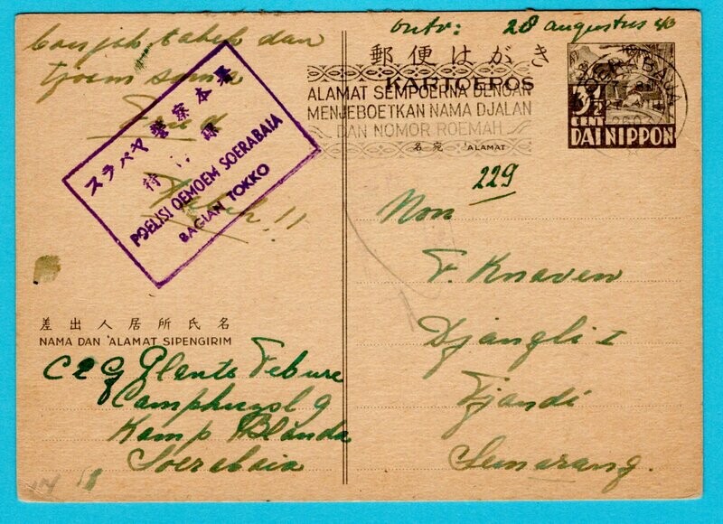 JAPANESE OCCUPATION censored card 1943 Soerabaja slogan