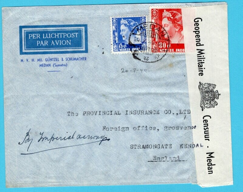 NETHERLANDS EAST INDIES censor air cover 1940 Medan