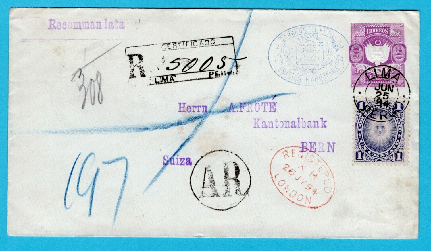 PERU postal AR envelope 1894 Lima to Switzerland