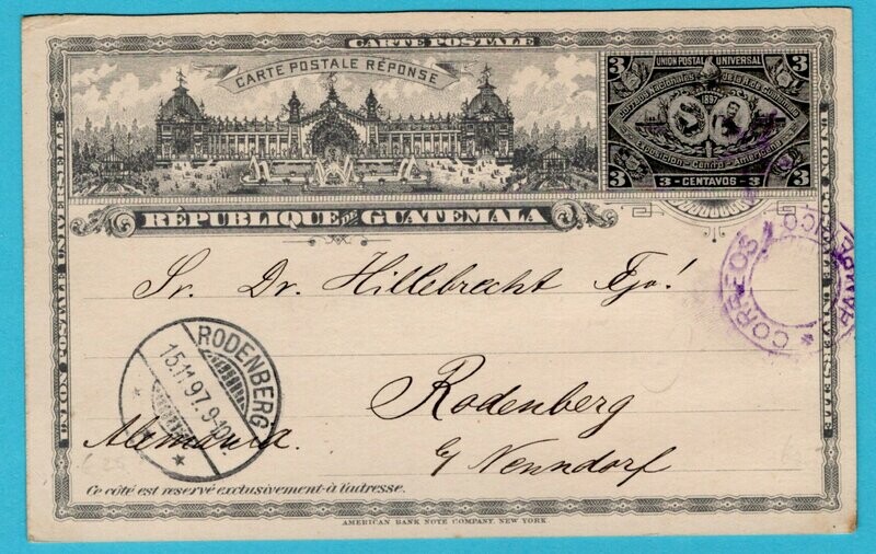 GUATEMALA postal card 1897 Champerico to Germany