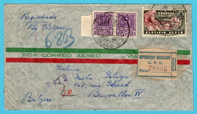 MEXICO censored R clipper cover 1941 Mexico to Belgium