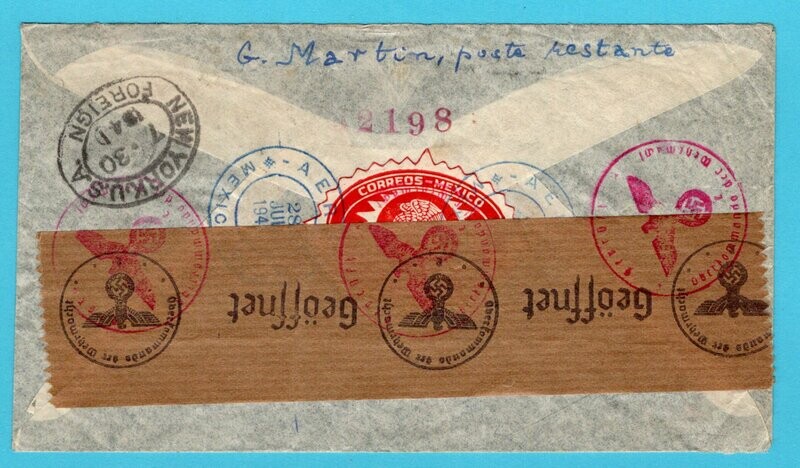MEXICO censored R clipper cover 1941 Mexico to Belgium