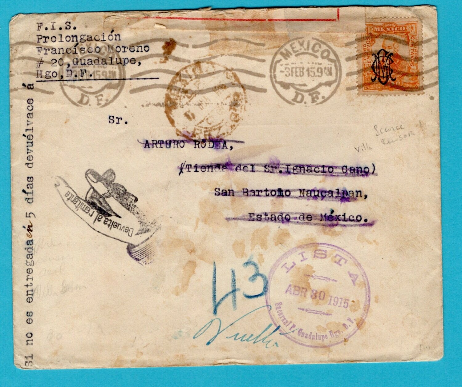 MEXICO censor cover 1915 Guadelupe to San Bartolo and returned