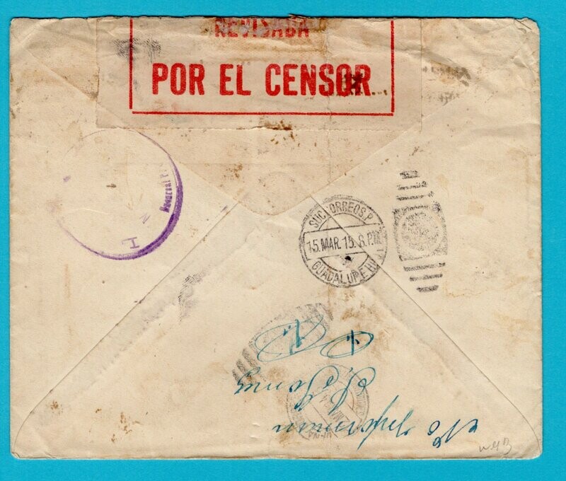MEXICO  censor cover 1915 Guadelupe to San Bartolo and returned