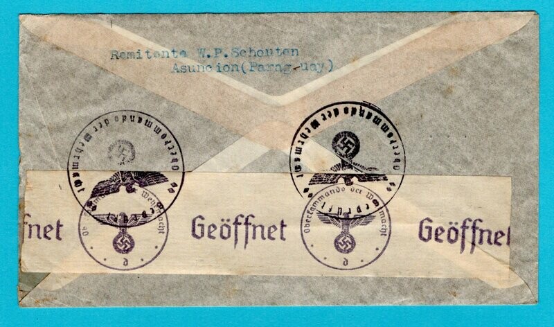 PARAGUAY R air censor cover 1941 Asuncion by LATI to Netherlands
