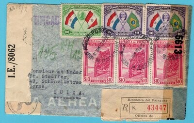PARAGUAY R censor air cover 1943 Asuncion to Switzerland