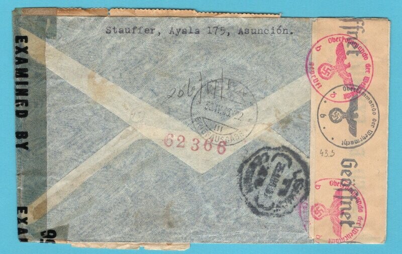 PARAGUAY R censor air cover 1943 Asuncion to Switzerland