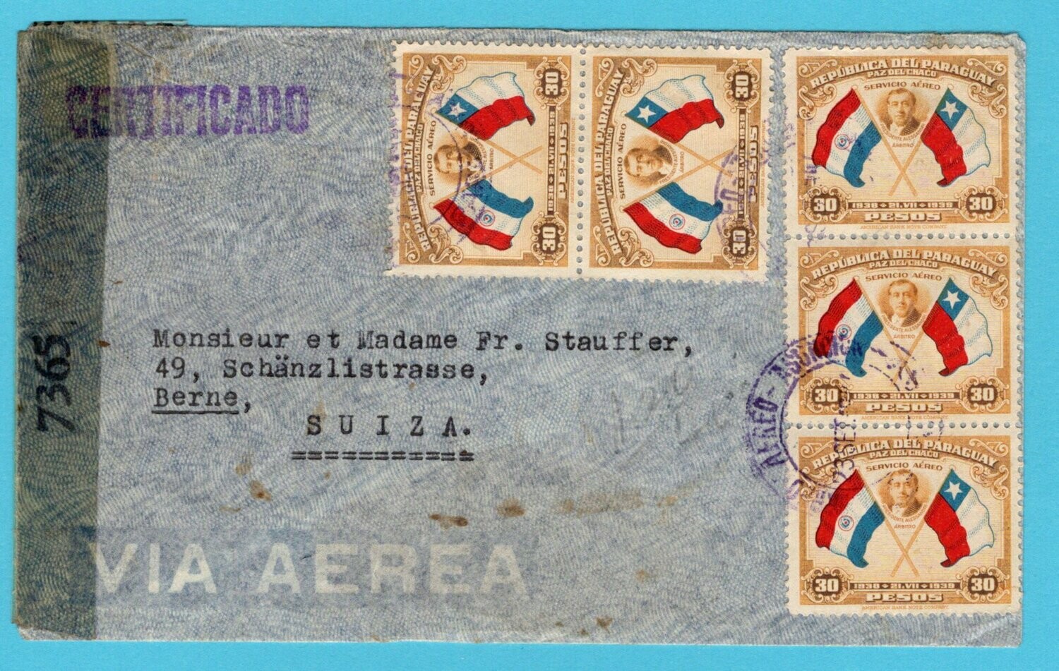 PARAGUAY R censor air cover 1944 Asuncion to Switzerland